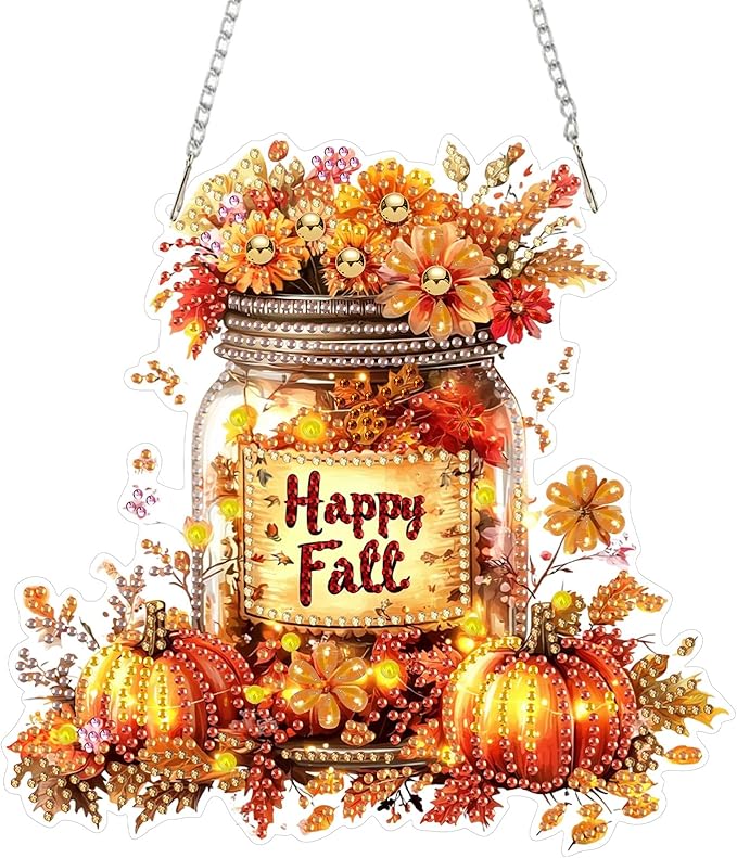 SENQAO Halloween Diamond Art Hanging Kits for Adults Beginners, DIY Acrylic 5D Special Shaped Crystal Diamond Gem Art Painting Hanging Ornament for Home Wall Decor and Gift（Happy Fall Vase Pumpkin）