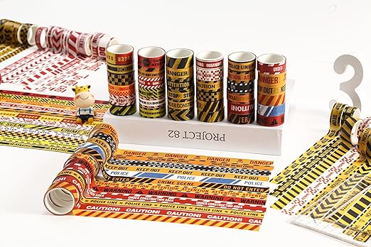 12 Rolls Warning Washi Tape Set Hazard & Caution Pattern Adhesive Tapes Police Line & Industrial Style Decorative Masking Tape for Craft, Scrapbook, DIY, Gift Wrapping (Industrial Caution)