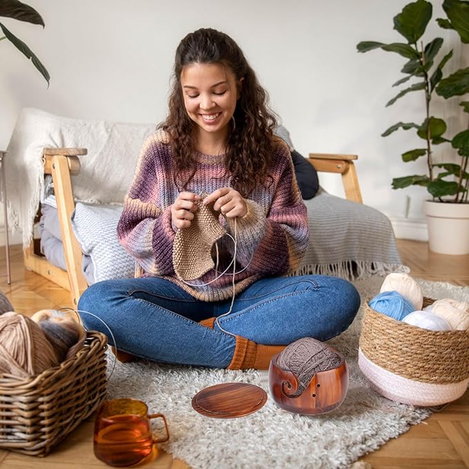 wooden yarn bowl knitting yarn bowl wooden yarn bowl with lid for yarn skeins round wooden bowl with carved holes crochet hook rests (brown)