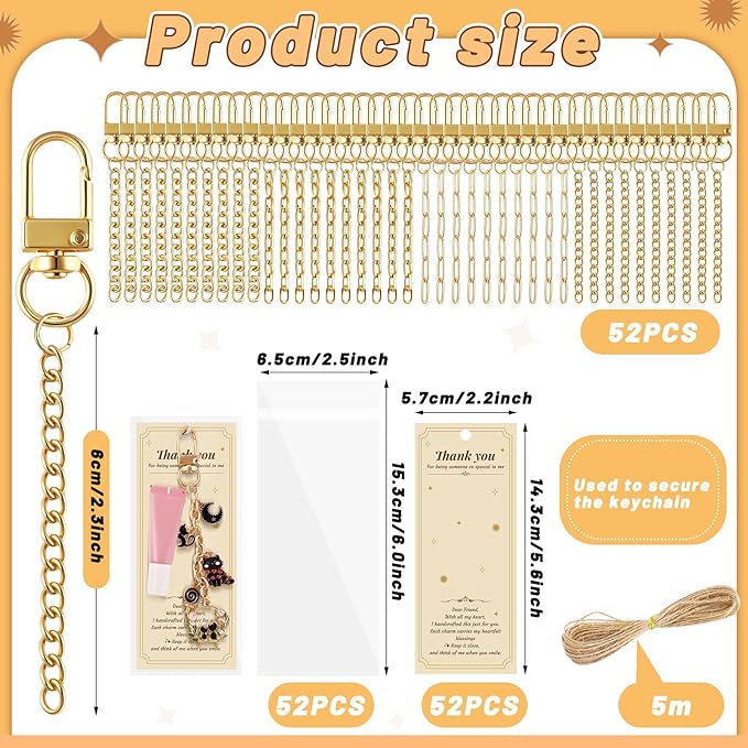 wurosi 52 set lip gloss keychain making kit, gold keychain clips hooks with extender chain, gift bags, thank you cards, 5m hemp rope, for diy key chain making crafts