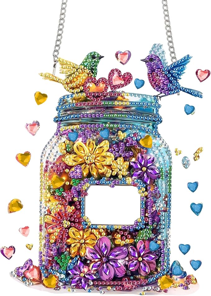 Bimkole Bottle Diamond Art Hanging Kit for Adult, DIY 5D Flowers Diamond Art Painting Window Pendant, Acrylic Crystal Art Hanging Ornament for Wall Home Garden Front Door Decor - 7.8x7.8 Inch