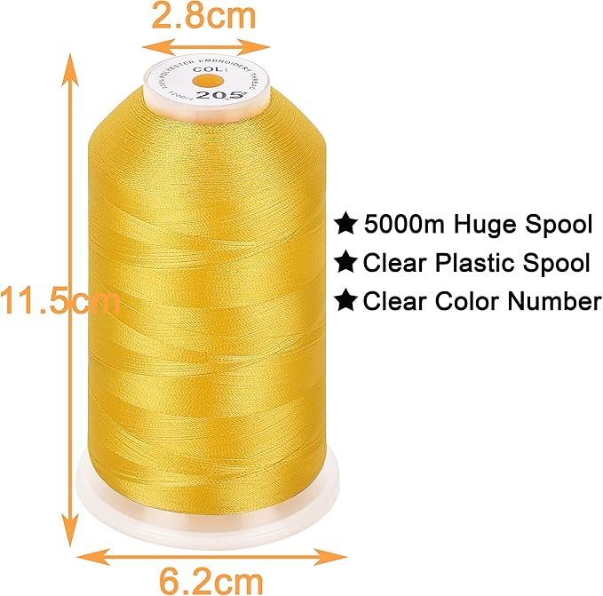 New brothread - 2 Huge Spools 5000M Each Polyester Embroidery Machine Thread 40WT for Commercial and Domestic Machines - Yellow