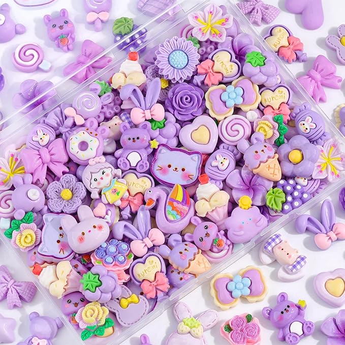 100PCS Purple Slime Charms Cute Flatback Resin Charms for Slime, Random Kawaii Decoden Charm for Embellishments Phone Junk Case Charms Bulk, Hairpins Scrapbooking Crafting & DIY Decoration