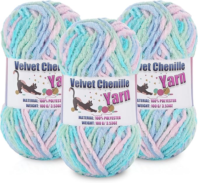 3 * 100g/3.5oz Fluffy Chenille Yarn for Crocheting, Chunky Velvet Yarn for Crochet Amigurumi, Used for Making Baby Yarns Blanket, Clothes, Pattern Knitting Creations (Candy Color)