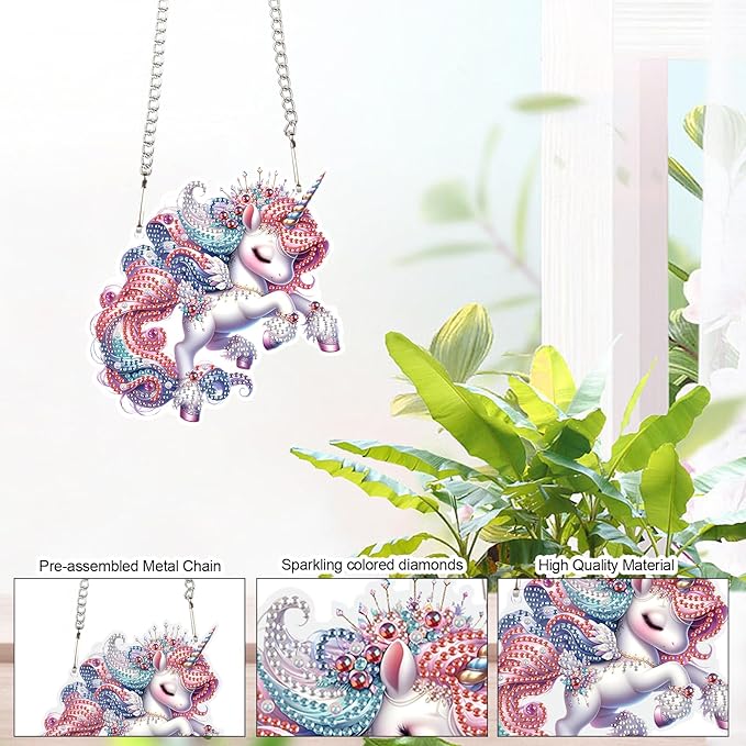 Unicorn Diamond Painting Hanging Kit, DIY 5D Acrylic Diamond Art Pendant with Special Shaped Rhinestones, Colorful Unicorn Ornament for Wall, Door, or Garden Decoration, Handmade Gift for Adults