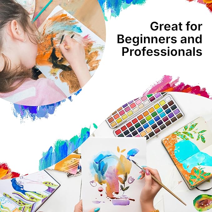 Watercolor Paint Set - 100 Colors with Metallic, Macaron & Fluorescent Shades - Washable, Non-Toxic Portable Paint Kit with Water Brush, Palette & Case - Painting Supplies for Beginner & Professionals