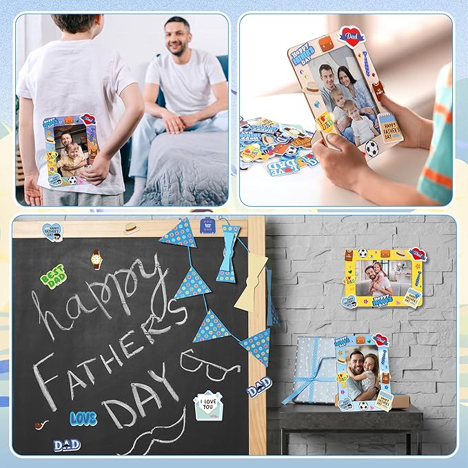 Fovths 12 Packs Father's Day Picture Frame Painting Craft Kit Wooden DIY Photo Frame for 4 x 6 inch Photo with 100 Stickers Rhinestone Stickers 4 Brushes Set for DIY Paint and Decorate