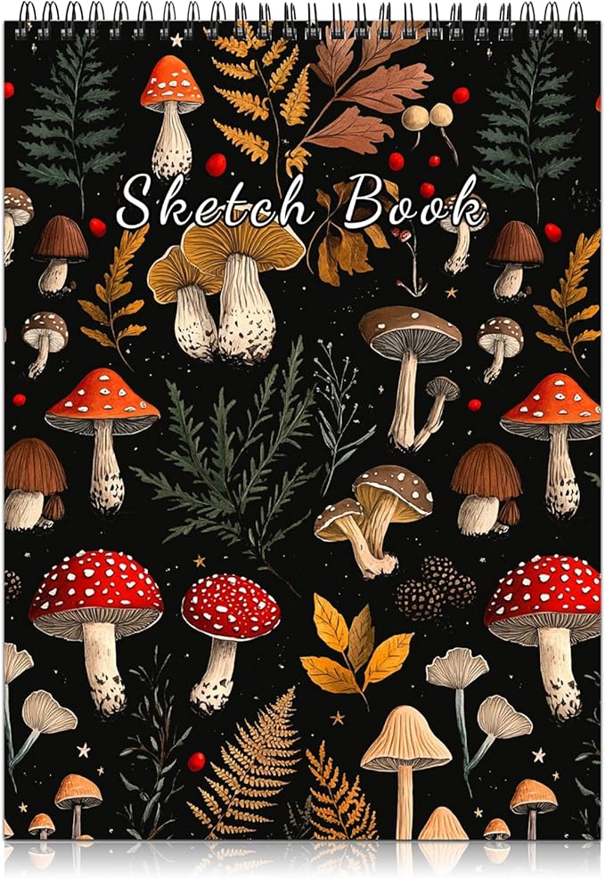 Deokke Sketchbook Top Spiral Bound Sketch Pad, 9 x 12 inch,100GSM Thick Paper,50 Sheets 100 Pages,Art Sketch Book Aesthetic Cute Drawing Writing Paper for Girls Women-Red Mushroom