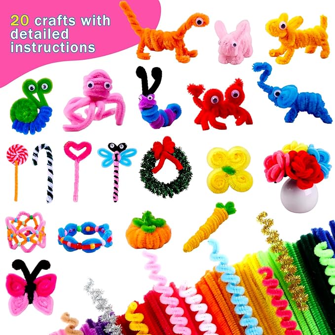 800pcs Pipe Cleaners Crafts Kit, 30 Colors Pipe Cleaners Bulk with 20 Designs Instruction Book, Colorful Chenille Stems for Animal Flower Creative Projects DIY, Arts and Crafts for Kids Ages 4-12