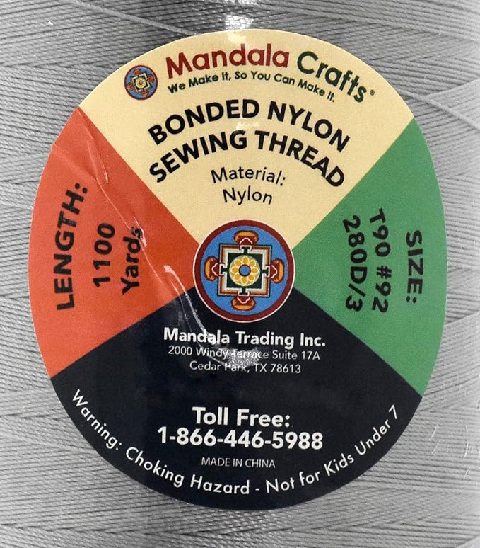 Mandala Crafts Size 92 280D T90 Bonded Nylon Thread - Gray 1100 YDs Tex 90 Heavy Duty Sewing Threads for Leather, Jeans, Weaving, Outdoor Marine Upholstery