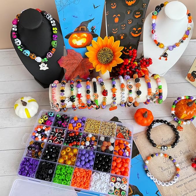 1970Pcs Halloween Bracelet Kit, Halloween Beads for Bracelets Jewelry Making Orange Black White Purple Polymer Clay Beads Pumpkin Evil Eye Skull Bead with Ghost Spider Charms for DIY Craft Earring