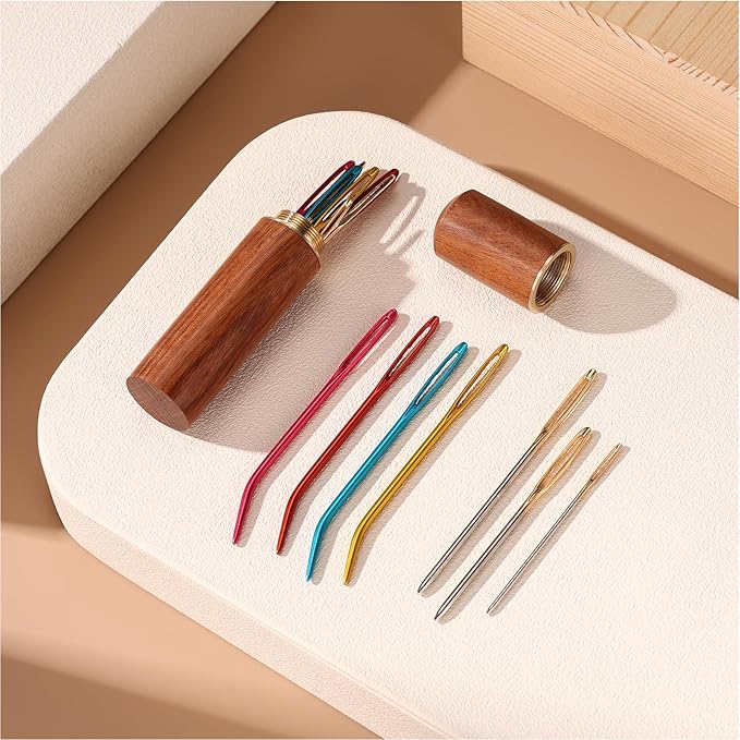 17pcs Large Eye Sewing Needles Kit, Stainless Steel Large Eye Blunt & Bent Tapestry Needles with Wooden Case for Hand Yarn Knitting and Crochet Embroidery(5 Colors)