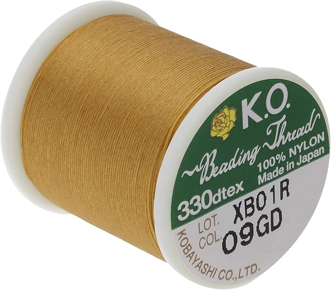 KO Nylon Beading Thread, Gold Color, Japanese Pre-Waxed 100% Nylon, 330TEX, Tangle Resistant Knotting Cords, 50m /55 yds Spool, Use for Seed Bead Projects, Loom Work & Bead Weaving