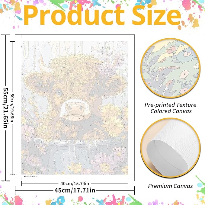 Cow Paint by Numbers for Adult, Highland Cow Paint by Numbers Kit for Adults Beginners, DIY Acrylic Paint by Number on Canvas for Home Wall Art Decor 16x20 Inch