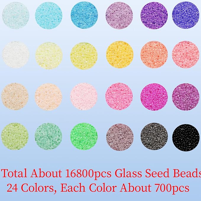 Size 12/0 Crafts Glass Seed Beads 2mm Tiny Pony Beads Assorted Kit with Organizer Box for Jewelry Making (24 Assorted Multicolor Set, Total About 16800pcs)