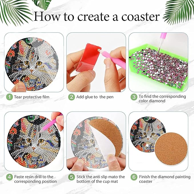 EWJRNSF 6 PCS Diamond Painting Art Coasters Set with Holder - Small Diamond Painting Coasters Kit for Beginners and Adults