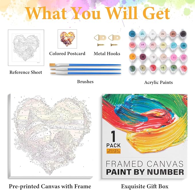 Framed Paint by Numbers Kit for Adults Beginner Shell, Adult Paint by Number Kits on Canvas Framed Sea Beach, DIY Acrylic Oil Painting by Numbers with Frame, Perfect for Home Decor Gift 10 X 10 Inch
