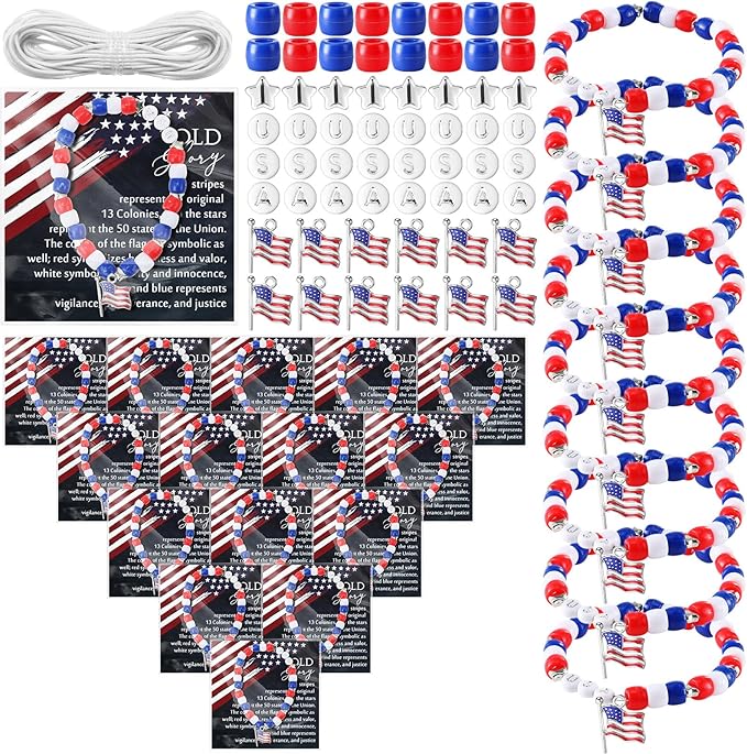 Zeyune 30 Sets Memorial Day Beaded Bracelet Kit, 1029 Pcs Red White Blue DIY Patriotic Bracelet Making Set with USA Letter Beads, Flag Charms, Cards and Bags for Memorial Day Party Favors