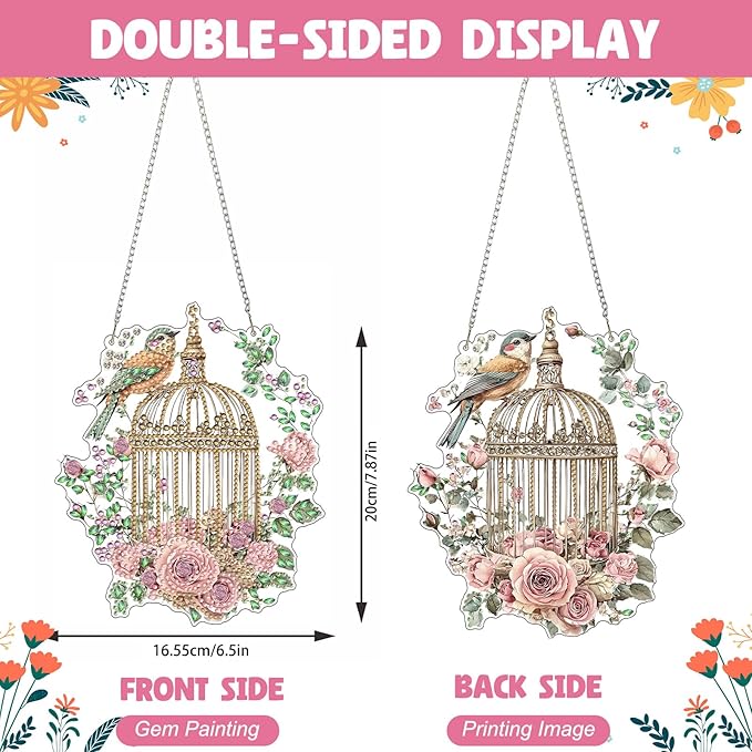 NAIMOER Diamond Art Hanging Kits for Adults, Flower Birdcage Diamond Art Suncatchers, 5D Special Shape Fall Diamond Painting Pendant Window Ornament Gifts for Home Garden Door Wall Decor
