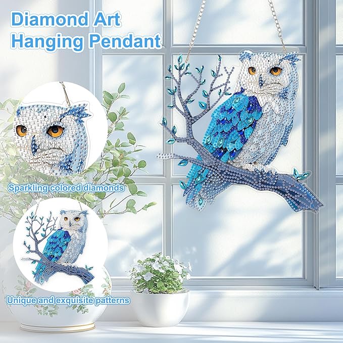 TOSTOG Owl Diamond Art Hanging Kits for Adults, Owl Diamond Painting for Adults Window Pendant, Special Shape Diamonds Diamond Painting Hanging Pendant Kit for Wall Home Decor Gift