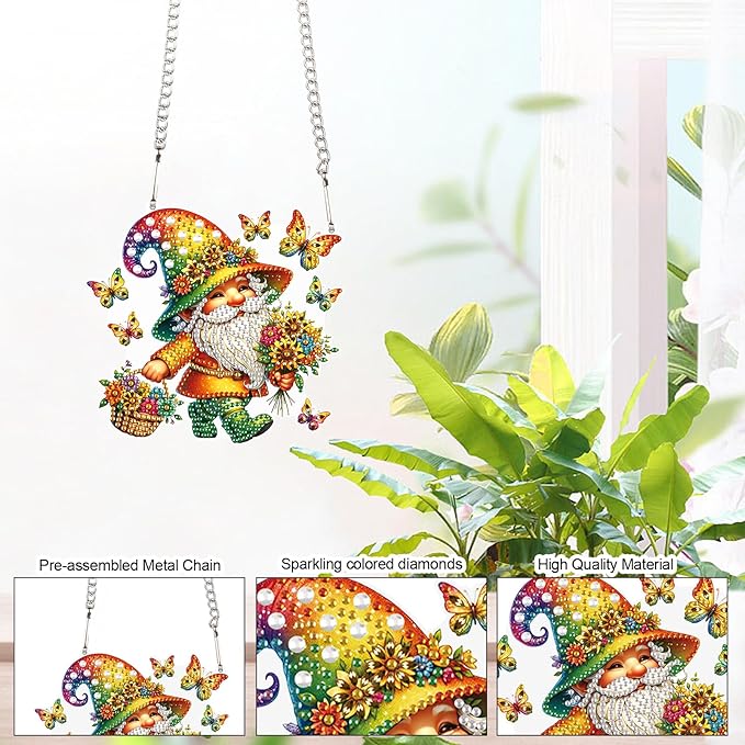 AiYuanzsh Butterfly Gnome Diamond Painting Hanging Kit, DIY 5D Acrylic Rhinestones Diamond Art Pendant, Fantasy Hanging Ornament for Wall, Window, Door or Home Decoration, Handmade Gift for Adults