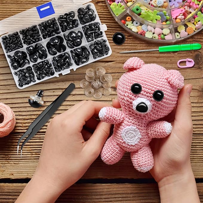 Safety Eyes and Noses, Plastic Craft Eyes and Teddy Bear Nose for Amigurumi with Washers，Crochet and Tweezers for Doll Making Supplies