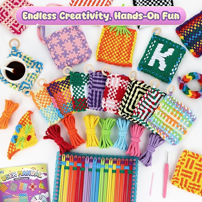 Zefy 400 Pcs Weaving Loom Kit Toys, 17 Colors Loom Loops with 11 PCs Wooden Rings, Rainbow Loops Making Potholder Loom Knitting Crafts Easter Gifts for Kids Girls Adults