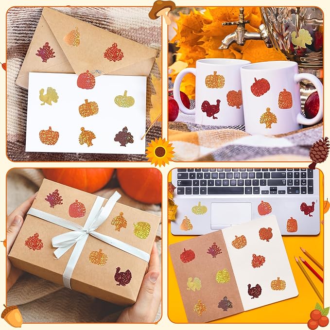 beyumi thanksgiving pumpkin turkey stickers - 1000pcs fall thankful laser pumpkin turkey stickers in 2 rolls holographic sparkly glitter autumn harvest adhesive decal gift party laptop decor for kids