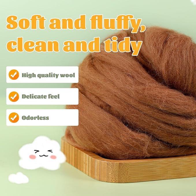 3.53oz Wool Roving, Fiber Roving Wool Top, Pure Wools, Chunky Yarn, Spinning Wool Roving for Needle Felting Wet Felting DIY Hand Spinning (Wood Brown)