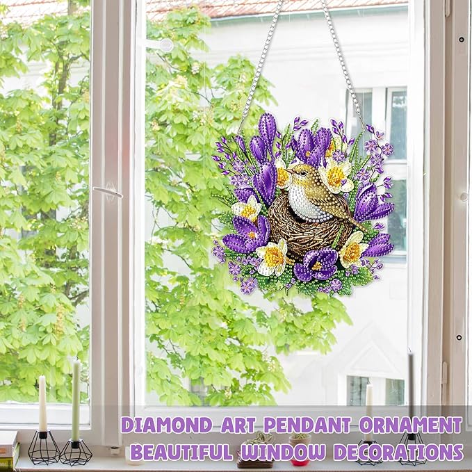 RICUVED Hanging Diamond Art Painting Kit, Special Shaped Crystal Craft Bird's Nest Diamond Painting Pendant Kit for Adults, DIY Flowers Hanging Acrylic Diamond Art Ornament Kit for Home Garden Decor