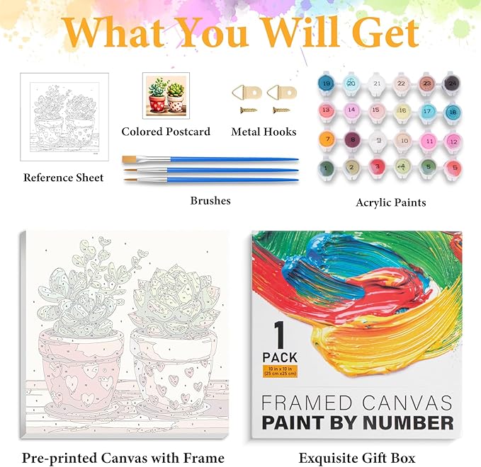 Framed Paint by Numbers Kit for Adults Beginner Succulent, Adult Paint by Number Kits on Canvas Framed Plant, DIY Acrylic Oil Painting by Numbers with Frame, Perfect for Home Decor Gift 10 X 10 Inch