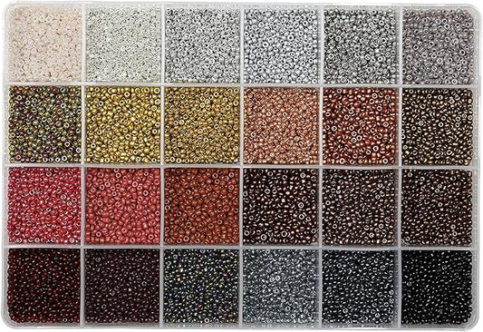 12/0 Glass Seed Beads About 15600pcs 24 Colors 2mm Loose Seed Beads Kit Bracelet Making with 24-Grid Plastic Storage Box for Jewelry Making