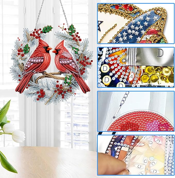 Reofrey Hanging Diamond Art Kits for Adults– 8x8Inch Birds Hanging Ornament Acrylic Board Double Sided Pattern Crystal Diamond Art Suncatcher Pendant, for Home Wall Window Decoration Gift Handmade