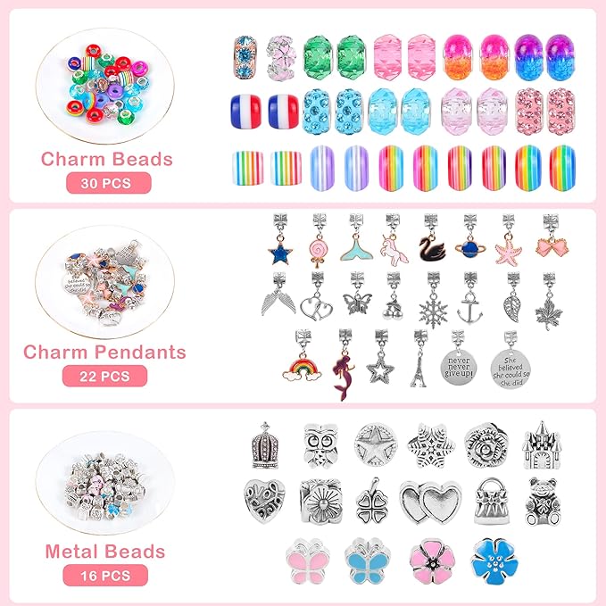 Charm Bracelet Jewelry Making Kit - A Perfect Birthday Holiday Gift for Girls Age 6 7 8 9 10 with Portable Jewelry Box, Cute & Sparkling to Inspire Creativity and Self-Expression, Great Value
