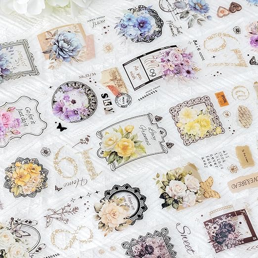 Nostalgic Flowers PET Vintage Floral Washi Tape Set, 6 Rolls Wide Decorative Craft Tape for Journaling Supplies, Scrapbooking, Bullet Journal, Junk Journal, DIY Crafts and Gift Wrapping