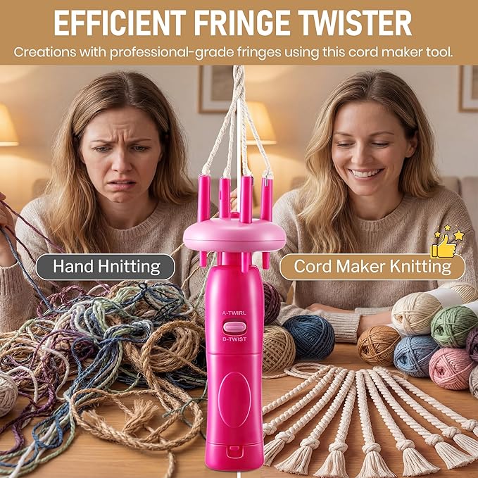 Gulfmew Portable Cord Maker & Fringe Twister, Handheld Yarn Crafting Tool for DIY Macrame & Knotting, Lightweight & Beginner-Friendly, Twisting Tassels in Seconds for Scarves(Pink)