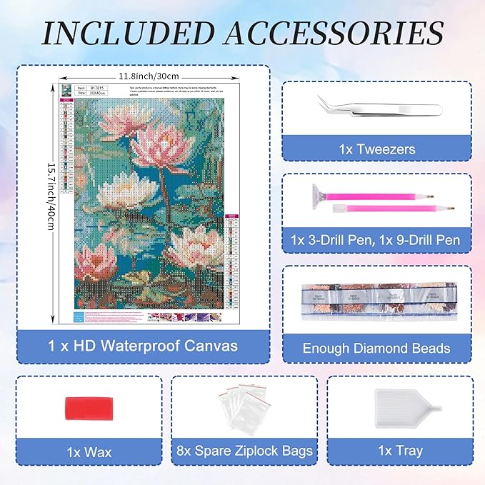 Camocin Diamond Art Kits for Adults Lotus, 5D Flowers Diamond Painting Kits for Adults Beginners, DIY Lotus Flowers Full Round Dots Drill Gem Art Kit for Gift Home Wall Decor 12 x 16 Inch