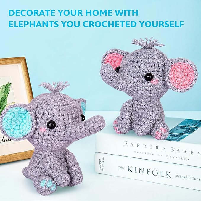 Crochetta Crochet Kit for Beginners, Beginner Crochet Starter Kit with Step-by-Step Video Tutorials, Learn to Crochet Kits for Adults, DIY Knitting Supplies, 2 Pack Elephant (40%+ Yarn)