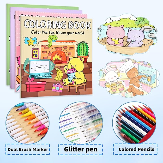 yqwuco coloring book set for adults,cute coloring book for adults relaxation with 60 colored markers, anxiety relief gifts with 160 patterns included animal spaces