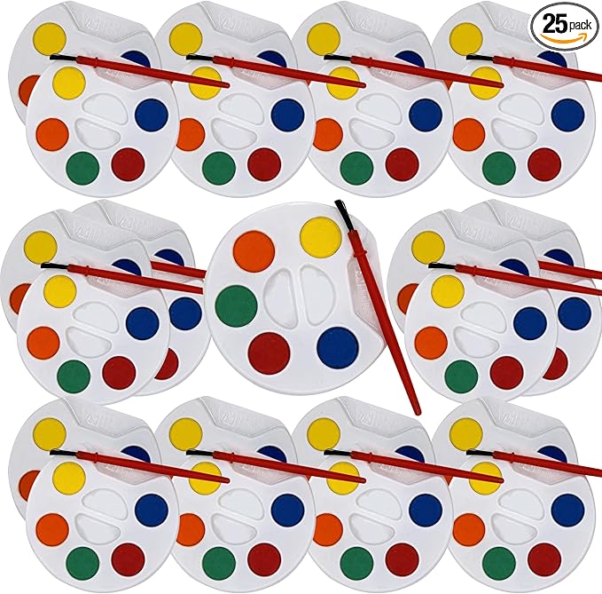 Color Swell Bulk Watercolors Round Paint Pack with Brushes - 25 Sets with 5 Washable Colors Each - Great for Kids, Classrooms, Parties, Students, Donations, Party Favors