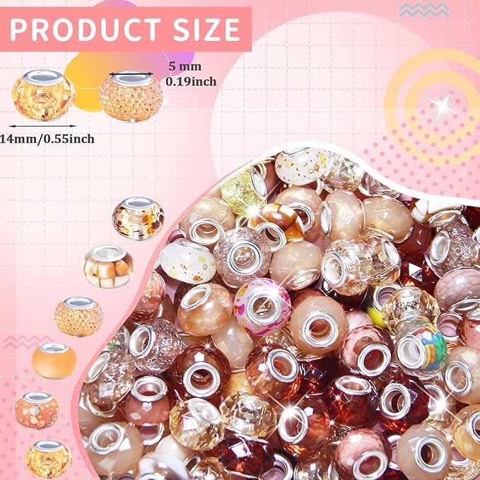 60Pcs Large Hole Beads Champagne Assorted European Craft Big Beads Large Hole Lampwork Murano Bead Fairy Wand Garden Bead for DIY Bracelet Necklace Jewelry Making Decoration Supplies