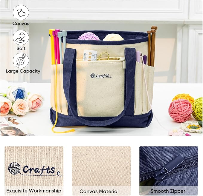 Canvas Yarn Storage Organizer Bag Washable Crochet Bag with Pockets for Yarn, Hooks, Needles – Travel Knitting Tote for Crafters – Gift for Crocheters & Knitters (Medium/Large)