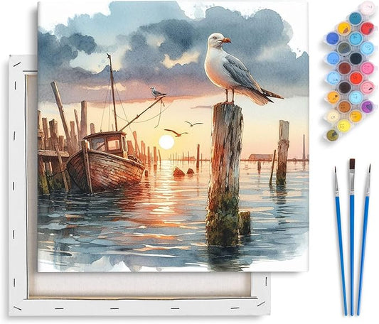 Yezavesu Framed Paint by Numbers Kit for Adults Beginner & Kids Ages 8-12, Seagull Paint by Numbers Without Easel, DIY Number Painting for Adults Sunset for Home Wall Decor Gift 10x10 inch