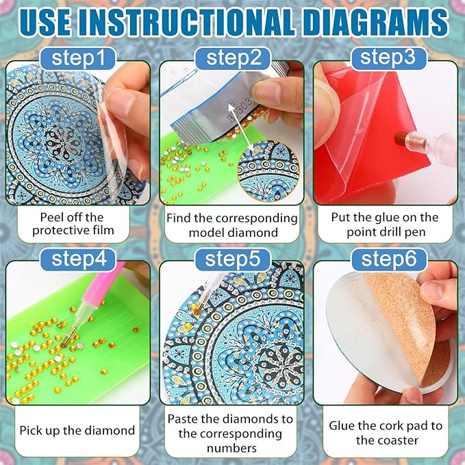 UPINS 8Pcs Mandala Diamond Art Painting Art Coasters Kits with Holder, Diamond Art Non Slip Coaster Kits DIY with Holder Crafts for Adults Diamond Art Painting Kits Supplies for Christmas Gift