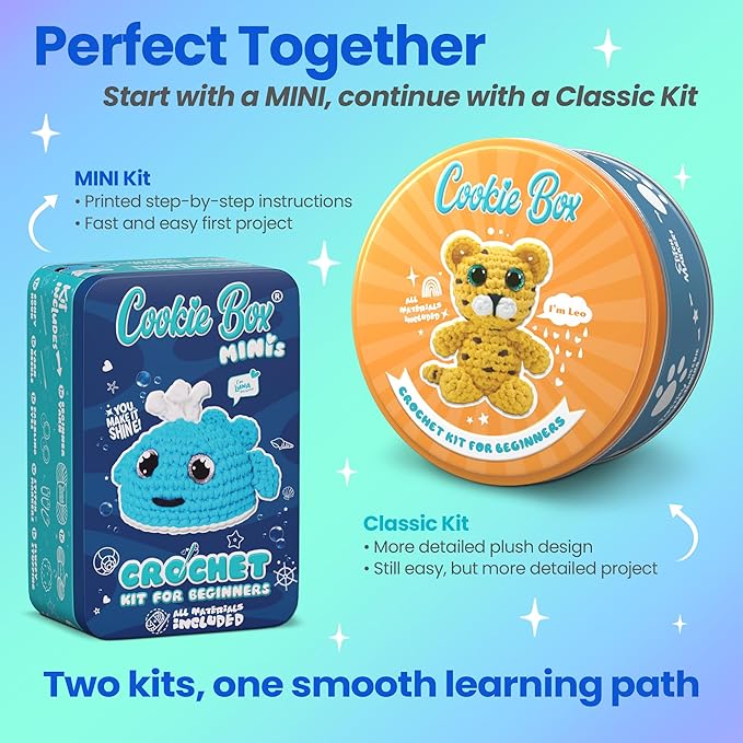 Cookie Box MINIs Crochet Kit for Beginners – Gift Set to Make Whale Luna Amigurumi Plushie – Easy DIY Crochet & Knitting Starter Kit with Printed Instructions & Step-by-Step Video Tutorial