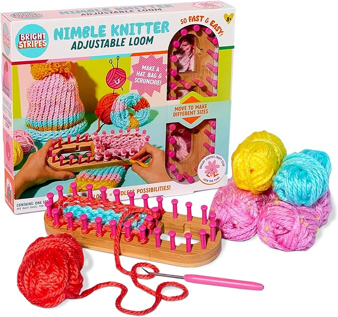 Bright Stripes Nimble Knitter Kit| 4-in-1 Adjustable Bamboo Loom with Chunky Yarn & Guide| DIY Craft Set to Make Scrunchies, Hats, Bags & More| Great for All Ages
