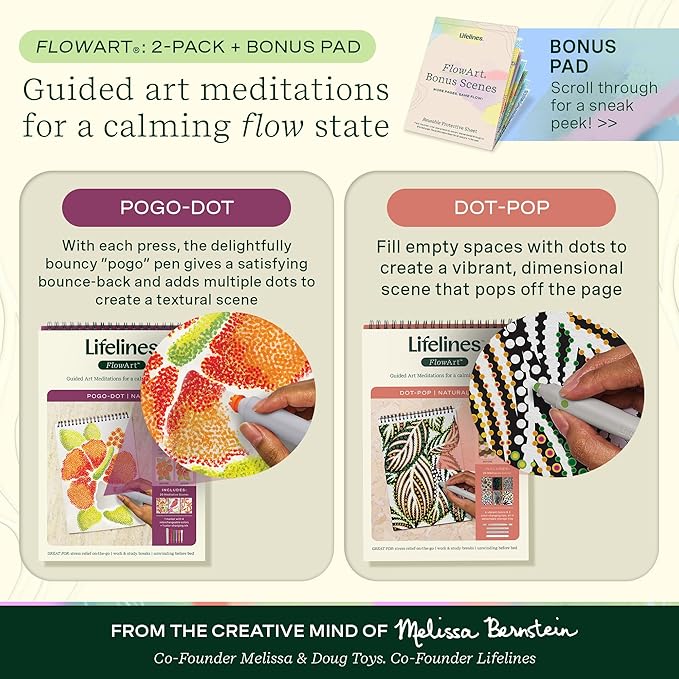 Lifelines FlowArt Activity Pads, 2-Pack & Bonus Pad - Guided Art Meditations - 2 Sets of Markers & 48 Scenes - Dot-Pop and Pogo-Dot Coloring Books for Tweens, Adults & Seniors