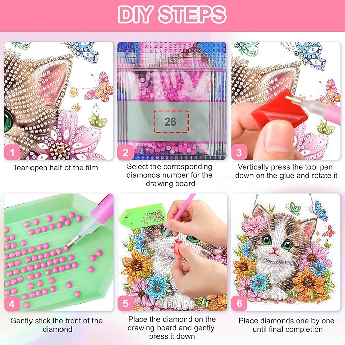 QENSPE Cute Cat Diamond Art Hanging Kits for Adults, 5D Special Shape Diamond Paingting Ornaments Kits with Chain, DIY Flowers Crystal Window Pendants for Home Garden Wall Decor Double Sided 8X8 inch