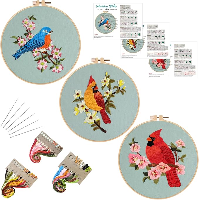 Louise Maelys 3 Sets Bird Embroidery Kits for Beginners,Adults Starter Flower Pattern Cross Stitch Kit DIY Needlepoint Kits with Embroidery Instructions