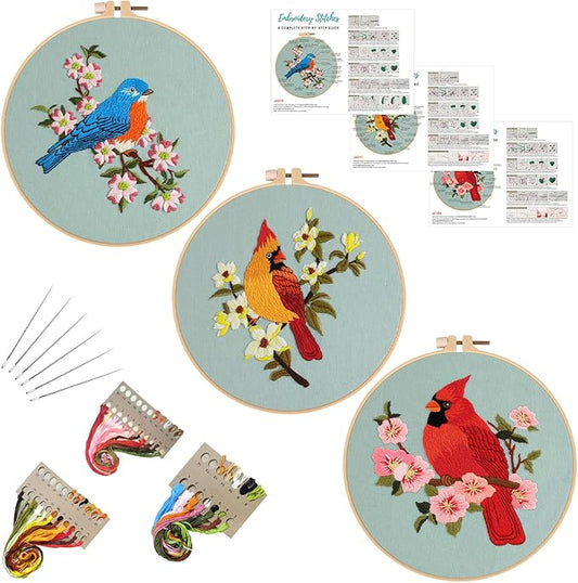 Louise Maelys 3 Sets Bird Embroidery Kits for Beginners,Adults Starter Flower Pattern Cross Stitch Kit DIY Needlepoint Kits with Embroidery Instructions